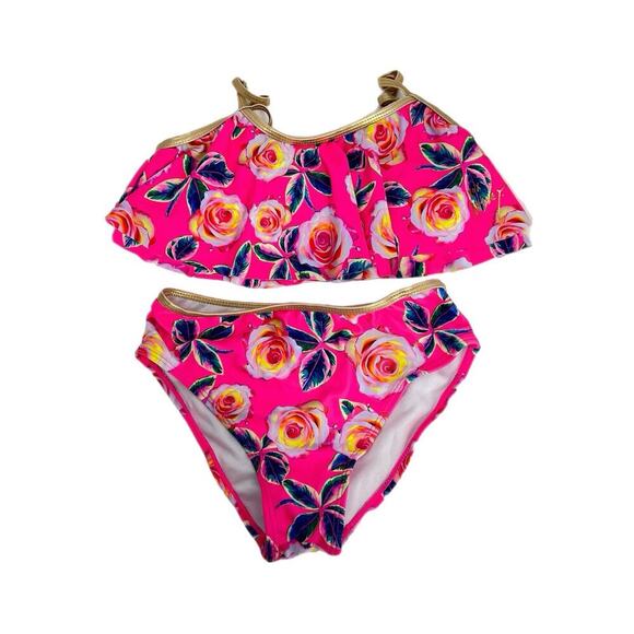 Betsy Johnson Girls 2PC Pink Floral Swimsuit Size M 10 Gold Trim - Picture 1 of 9